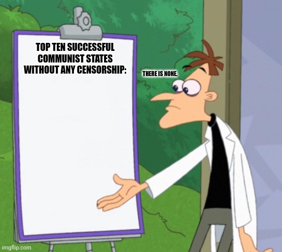 Dr D white board | TOP TEN SUCCESSFUL COMMUNIST STATES WITHOUT ANY CENSORSHIP:; THERE IS NONE. | image tagged in memes,lol,commies | made w/ Imgflip meme maker