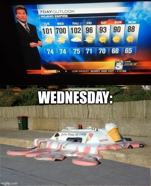 I think there's been a slight error... |  WEDNESDAY: | image tagged in melting ice cream truck,weather,error,typo,funny weather fail,fail | made w/ Imgflip meme maker