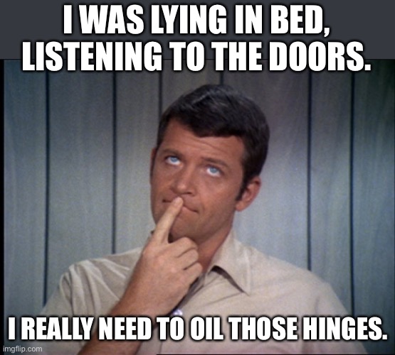 The Doors | I WAS LYING IN BED, LISTENING TO THE DOORS. I REALLY NEED TO OIL THOSE HINGES. | image tagged in hmmm | made w/ Imgflip meme maker