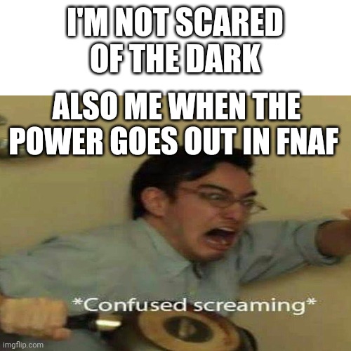 Oh no | I'M NOT SCARED OF THE DARK; ALSO ME WHEN THE POWER GOES OUT IN FNAF | image tagged in memes,funny,fnaf,confused screaming | made w/ Imgflip meme maker