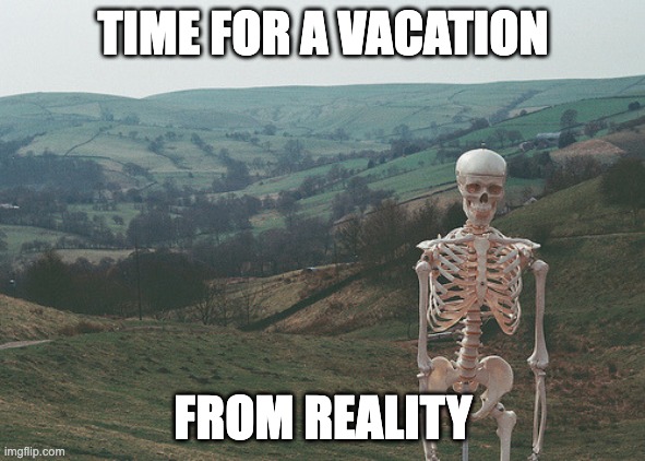 2022 | TIME FOR A VACATION; FROM REALITY | image tagged in skeleton vacation | made w/ Imgflip meme maker