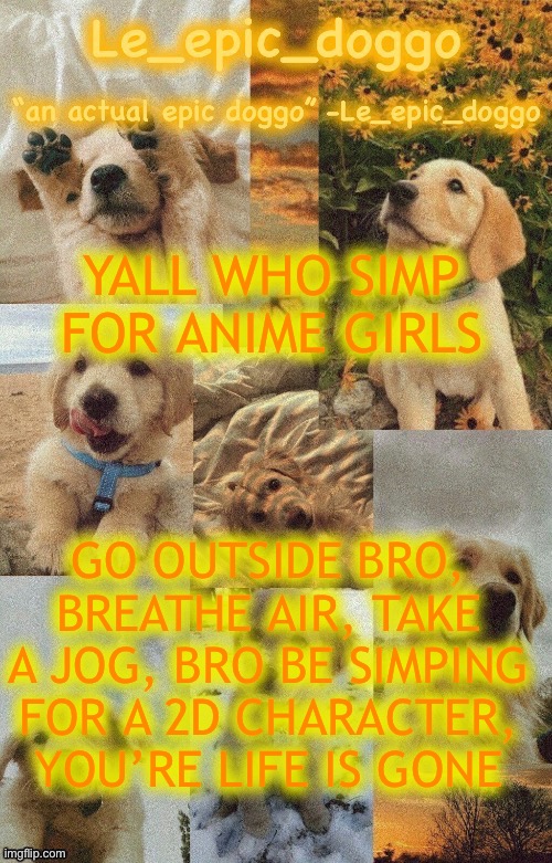 Doggo temp by doggo. Wait what that’s confusing | YALL WHO SIMP FOR ANIME GIRLS; GO OUTSIDE BRO, BREATHE AIR, TAKE A JOG, BRO BE SIMPING FOR A 2D CHARACTER, YOU’RE LIFE IS GONE | image tagged in doggo temp by doggo wait what that s confusing | made w/ Imgflip meme maker