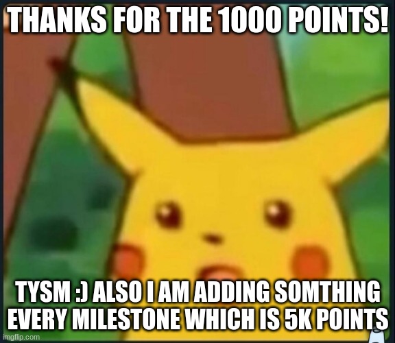 Thanks guys! :) | THANKS FOR THE 1000 POINTS! TYSM :) ALSO I AM ADDING SOMTHING EVERY MILESTONE WHICH IS 5K POINTS | image tagged in surprised pikachu | made w/ Imgflip meme maker