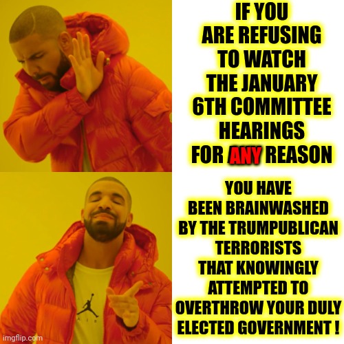 And That IS The Truth | IF YOU ARE REFUSING TO WATCH THE JANUARY 6TH COMMITTEE HEARINGS FOR ANY REASON; YOU HAVE BEEN BRAINWASHED BY THE TRUMPUBLICAN TERRORISTS THAT KNOWINGLY ATTEMPTED TO OVERTHROW YOUR DULY ELECTED GOVERNMENT ! ANY | image tagged in memes,drake hotline bling,the truth,brainwashed,trumpublican terrorists,trump lied | made w/ Imgflip meme maker