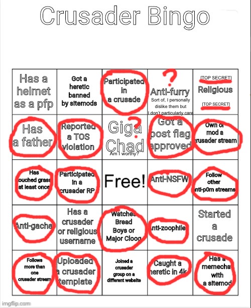 Crusader Bingo | [TOP SECRET]; [TOP SECRET]; Sort of, I personally dislike them but I don’t particularly care; Am I worthy? | image tagged in crusader bingo | made w/ Imgflip meme maker