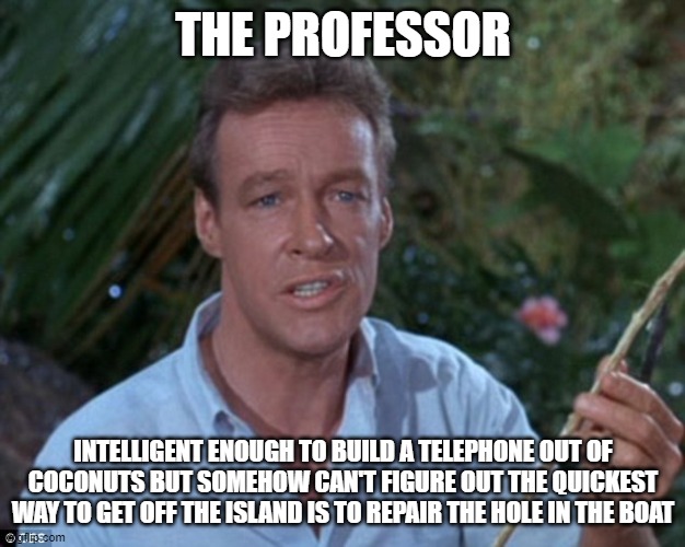 THE PROFESSOR INTELLIGENT ENOUGH TO BUILD A TELEPHONE OUT OF COCONUTS BUT SOMEHOW CAN'T FIGURE OUT THE QUICKEST WAY TO GET OFF THE ISLAND IS | made w/ Imgflip meme maker