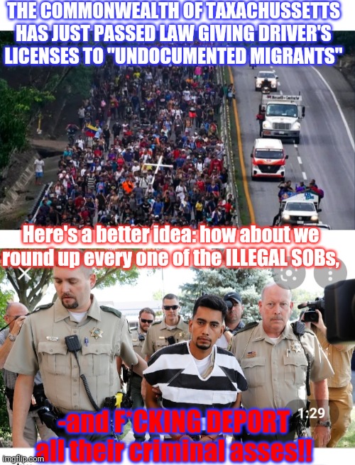 ILLEGAL CRIMINALS COMING TO REPLACE YOU!  BLUE STATES NOW AIDING & ABETTING THEM | THE COMMONWEALTH OF TAXACHUSSETTS HAS JUST PASSED LAW GIVING DRIVER'S LICENSES TO "UNDOCUMENTED MIGRANTS"; Here's a better idea: how about we round up every one of the ILLEGAL SOBs, -and F*CKING DEPORT all their criminal asses!! | image tagged in criminal minds,illegal immigration,blue wave,libtard,deep state,sucks | made w/ Imgflip meme maker