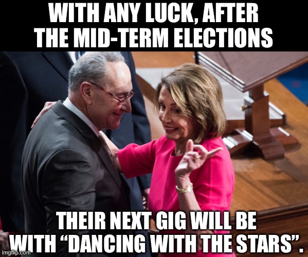 Pelosi/Schumer - Both up for reelection | WITH ANY LUCK, AFTER THE MID-TERM ELECTIONS; THEIR NEXT GIG WILL BE WITH “DANCING WITH THE STARS”. | image tagged in nancy pelosi,chuck schumer | made w/ Imgflip meme maker
