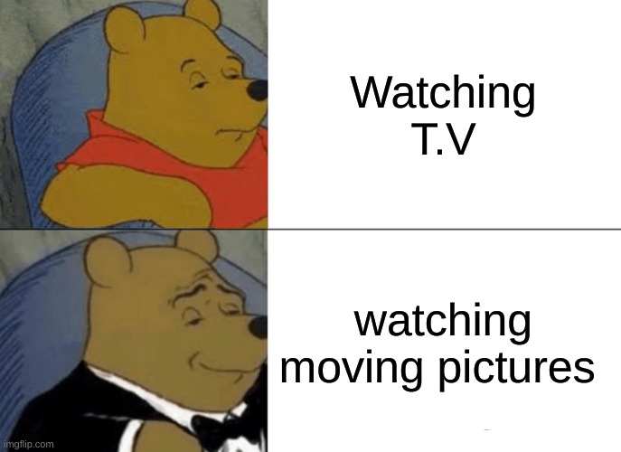 Tuxedo Winnie The Pooh Meme | Watching T.V; watching moving pictures | image tagged in memes,tuxedo winnie the pooh | made w/ Imgflip meme maker