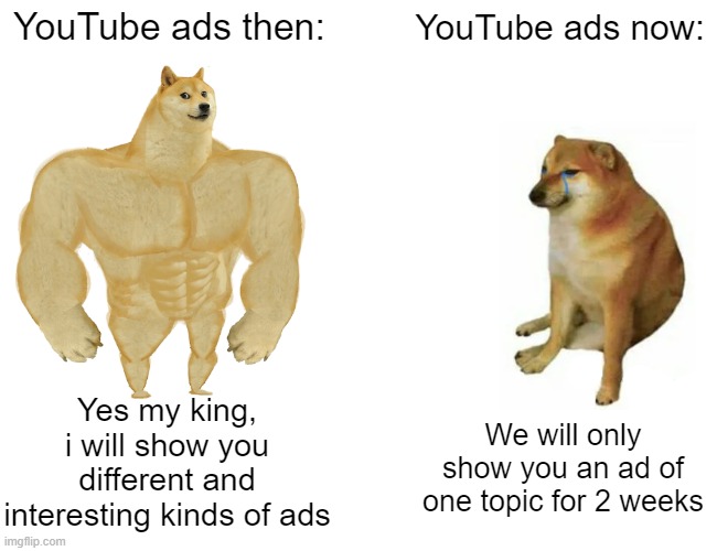 Buff Doge vs. Cheems | YouTube ads then:; YouTube ads now:; Yes my king, i will show you different and interesting kinds of ads; We will only show you an ad of one topic for 2 weeks | image tagged in memes,buff doge vs cheems | made w/ Imgflip meme maker