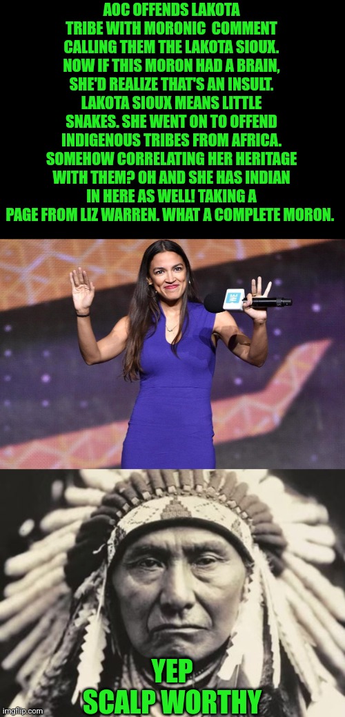 Half wit offends again. Keep bar tab open. | AOC OFFENDS LAKOTA TRIBE WITH MORONIC  COMMENT CALLING THEM THE LAKOTA SIOUX. NOW IF THIS MORON HAD A BRAIN, SHE'D REALIZE THAT'S AN INSULT. LAKOTA SIOUX MEANS LITTLE SNAKES. SHE WENT ON TO OFFEND INDIGENOUS TRIBES FROM AFRICA. SOMEHOW CORRELATING HER HERITAGE WITH THEM? OH AND SHE HAS INDIAN IN HERE AS WELL! TAKING A PAGE FROM LIZ WARREN. WHAT A COMPLETE MORON. YEP
SCALP WORTHY | image tagged in american indian,crazy aoc,offensive,stupid liberals | made w/ Imgflip meme maker
