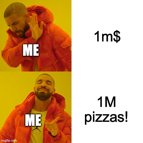 Drake Hotline Bling Meme | 1m$; ME; 1M pizzas! ME | image tagged in memes,drake hotline bling | made w/ Imgflip meme maker