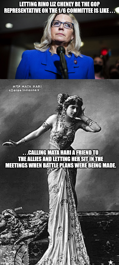 Liz Cheney is the Mata Hari for the GOP. | LETTING RINO LIZ CHENEY BE THE GOP REPRESENTATIVE ON THE 1/6 COMMITTEE IS LIKE . . . . . .CALLING MATA HARI A FRIEND TO THE ALLIES AND LETTING HER SIT IN THE MEETINGS WHEN BATTLE PLANS WERE BEING MADE. | image tagged in liz cheney,rino,mata hari,traitor | made w/ Imgflip meme maker