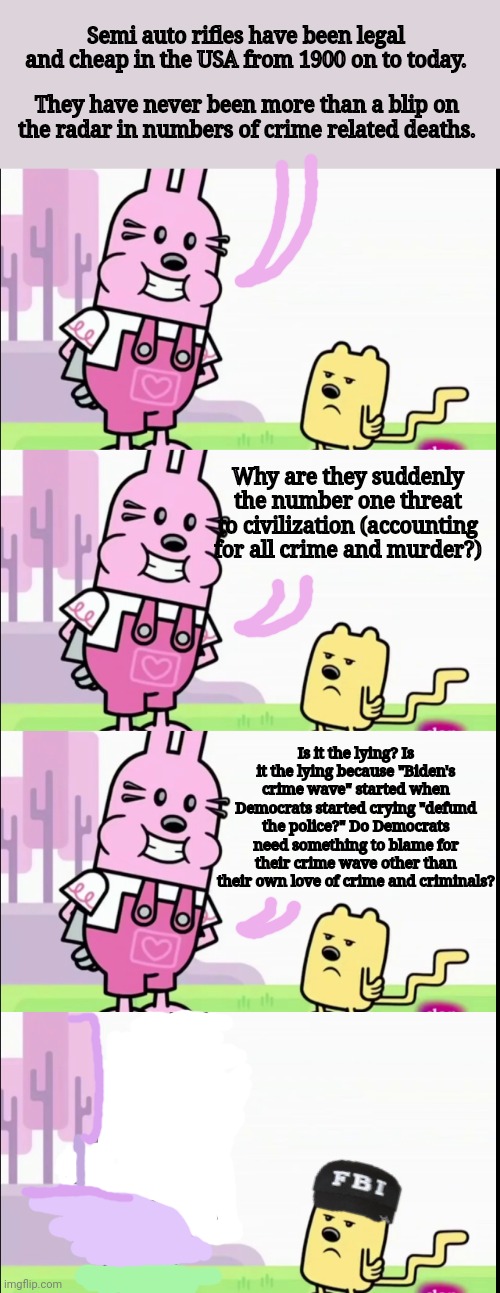 Do not question the Government. | Semi auto rifles have been legal and cheap in the USA from 1900 on to today. They have never been more than a blip on the radar in numbers of crime related deaths. Why are they suddenly the number one threat to civilization (accounting for all crime and murder?); Is it the lying? Is it the lying because "Biden's crime wave" started when Democrats started crying "defund the police?" Do Democrats need something to blame for their crime wave other than their own love of crime and criminals? | image tagged in annoyed wubbzy,why is the fbi here,i warned you,not to question,current thing | made w/ Imgflip meme maker