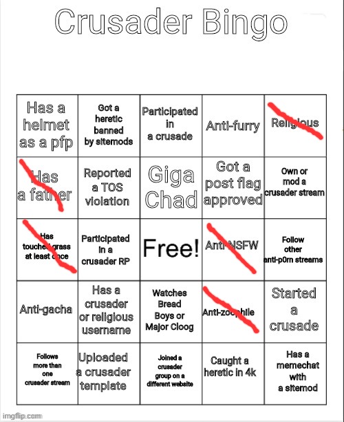 Don't even know why I follow this stream. I'm more of the handsome rogue/wizard type than a crusader. You guys amuse me. | image tagged in crusader bingo | made w/ Imgflip meme maker