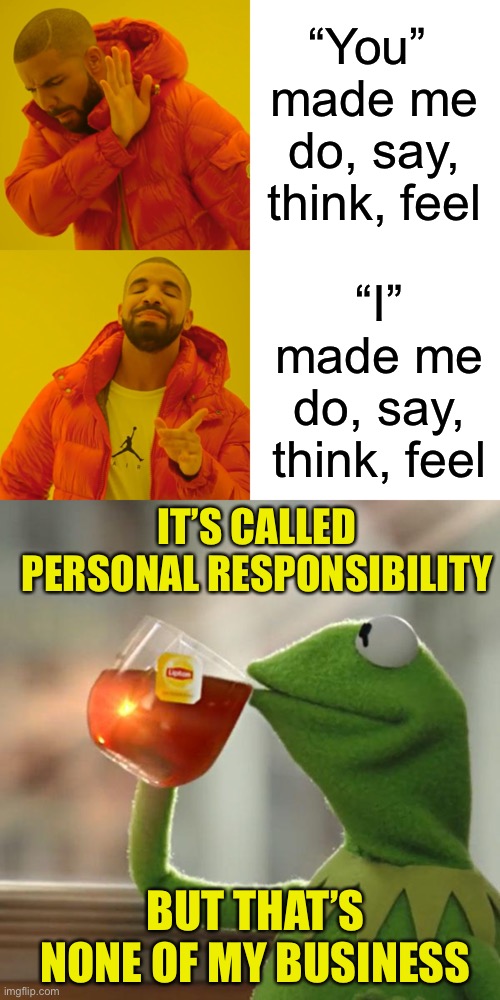Who made you? | “You” 
made me do, say, think, feel; “I” made me do, say, think, feel; IT’S CALLED PERSONAL RESPONSIBILITY; BUT THAT’S NONE OF MY BUSINESS | image tagged in memes,drake hotline bling,but that's none of my business | made w/ Imgflip meme maker