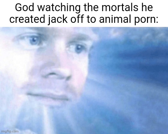 . | God watching the mortals he created jack off to animal porn: | image tagged in e | made w/ Imgflip meme maker