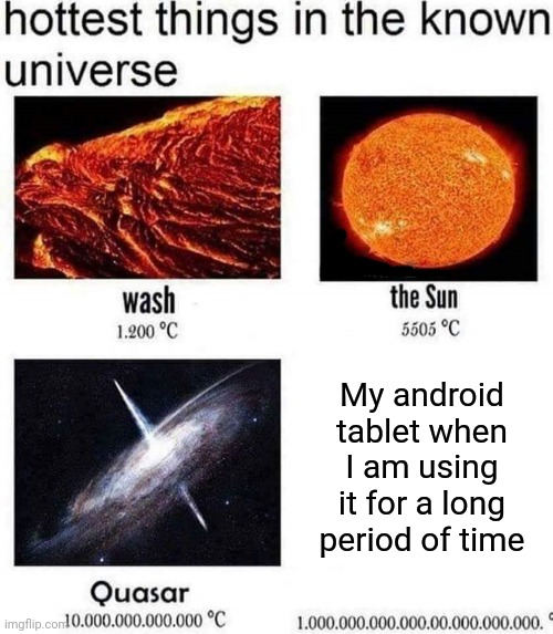 Android tablet | My android tablet when I am using it for a long period of time | image tagged in hottest things in the known universe,blank white template,memes,android tablet,funny,tablet | made w/ Imgflip meme maker