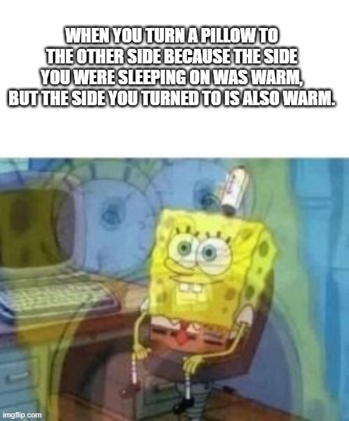 I own a bakery | WHEN YOU TURN A PILLOW TO THE OTHER SIDE BECAUSE THE SIDE YOU WERE SLEEPING ON WAS WARM, BUT THE SIDE YOU TURNED TO IS ALSO WARM. | image tagged in inside screaming spongebob | made w/ Imgflip meme maker