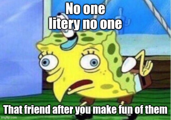 Mocking Spongebob | No one
litery no one; That friend after you make fun of them | image tagged in memes,mocking spongebob | made w/ Imgflip meme maker