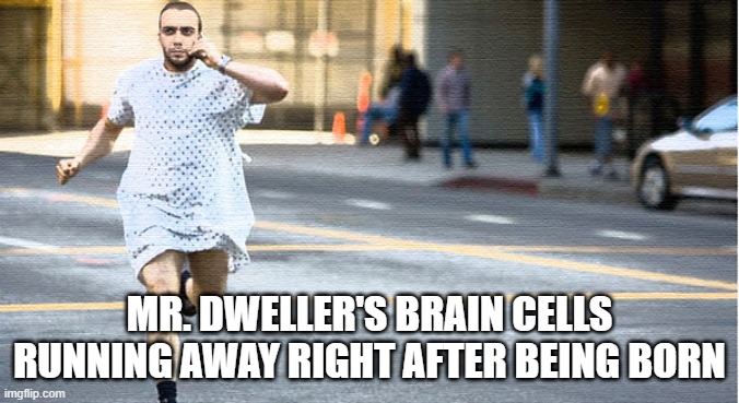 hospital run away | MR. DWELLER'S BRAIN CELLS RUNNING AWAY RIGHT AFTER BEING BORN | image tagged in hospital run away | made w/ Imgflip meme maker