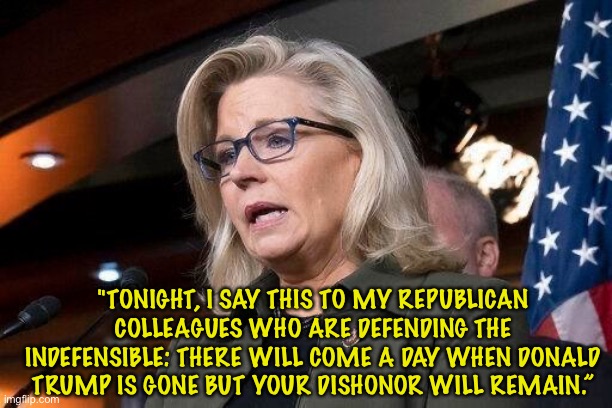Liz Cheney has it right. | "TONIGHT, I SAY THIS TO MY REPUBLICAN COLLEAGUES WHO ARE DEFENDING THE INDEFENSIBLE: THERE WILL COME A DAY WHEN DONALD TRUMP IS GONE BUT YOUR DISHONOR WILL REMAIN.” | image tagged in liz cheney | made w/ Imgflip meme maker