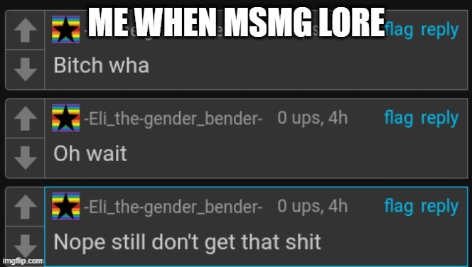 I am confusion | ME WHEN MSMG LORE | made w/ Imgflip meme maker