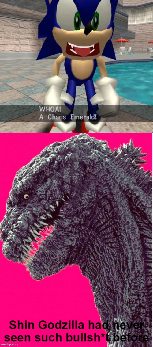 I can't get enough of Dreamcast Sonic faces, so here's another | image tagged in shin godzilla had never seen such bullsh t before,sonic the hedgehog,cursed image | made w/ Imgflip meme maker