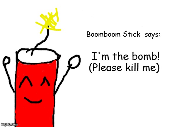 Blank White Template | Boomboom Stick  says:; I'm the bomb!
(Please kill me) | image tagged in blank white template | made w/ Imgflip meme maker