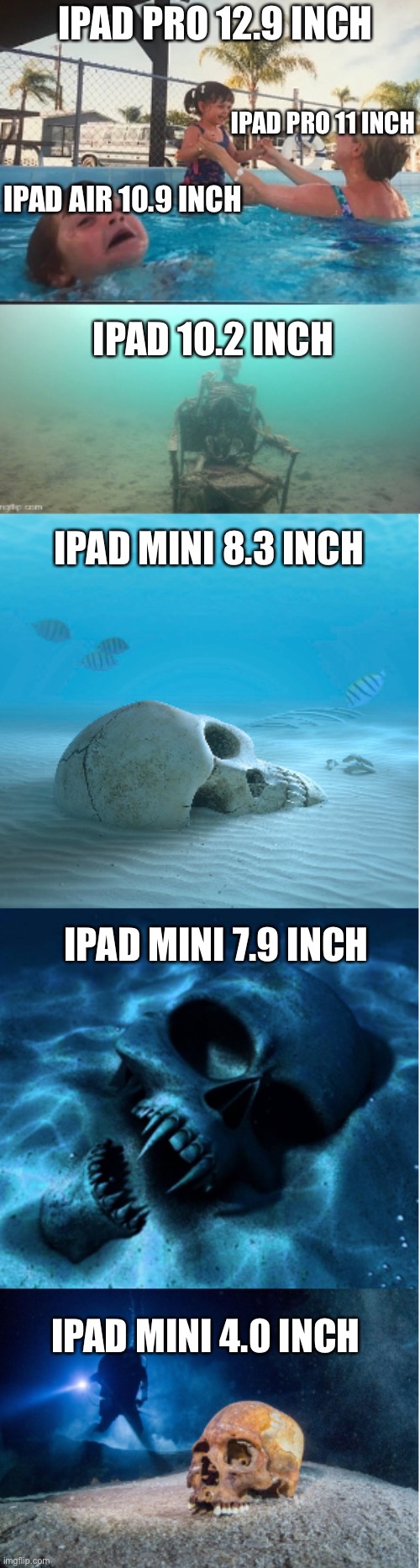 Ipad sizes | IPAD PRO 12.9 INCH; IPAD PRO 11 INCH; IPAD AIR 10.9 INCH; IPAD 10.2 INCH; IPAD MINI 8.3 INCH; IPAD MINI 7.9 INCH; IPAD MINI 4.0 INCH | image tagged in drowning kid forgotten skeletons | made w/ Imgflip meme maker