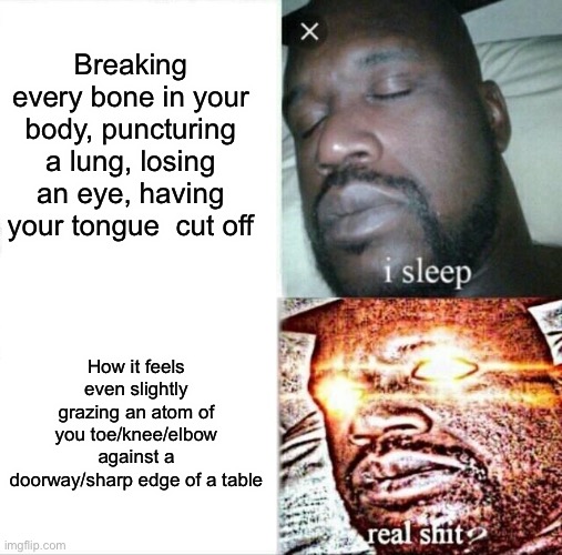 Pain | Breaking every bone in your body, puncturing a lung, losing an eye, having your tongue  cut off; How it feels even slightly grazing an atom of you toe/knee/elbow against a doorway/sharp edge of a table | image tagged in memes,sleeping shaq | made w/ Imgflip meme maker