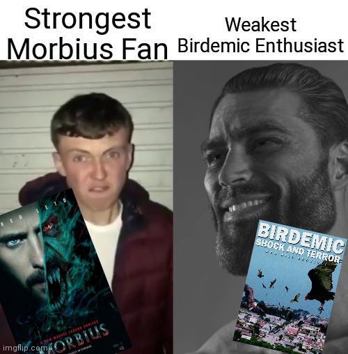 I'm A Chad, You're A Virgin | Weakest Birdemic Enthusiast; Strongest Morbius Fan | image tagged in average fan vs average enjoyer,i dont care,my life,opinion,virgin vs chad,lol | made w/ Imgflip meme maker