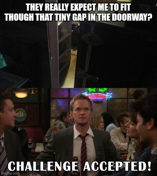 What could possibly go wrong | THEY REALLY EXPECT ME TO FIT THOUGH THAT TINY GAP IN THE DOORWAY? | image tagged in challenge accepted | made w/ Imgflip meme maker