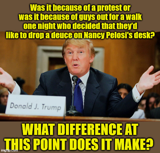 Trump Testifies | Was it because of a protest or was it because of guys out for a walk one night who decided that they’d like to drop a deuce on Nancy Pelosi's desk? WHAT DIFFERENCE AT THIS POINT DOES IT MAKE? | image tagged in democrats | made w/ Imgflip meme maker