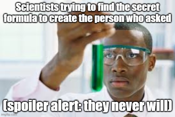 Make The Guy Who Asked | Scientists trying to find the secret formula to create the person who asked; (spoiler alert: they never will) | image tagged in finally,who asked | made w/ Imgflip meme maker