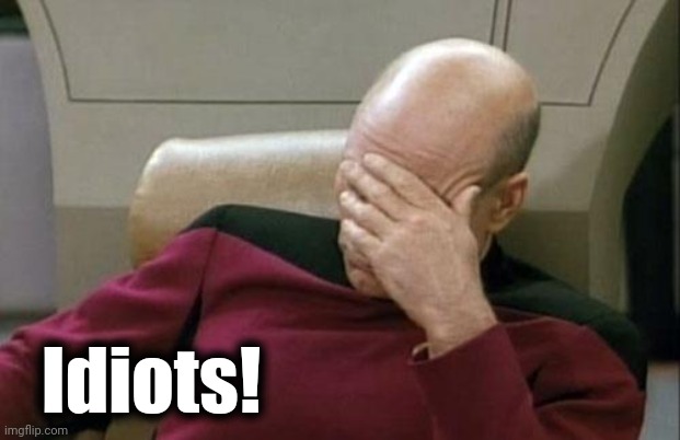 Captain Picard Facepalm Meme | Idiots! | image tagged in memes,captain picard facepalm | made w/ Imgflip meme maker