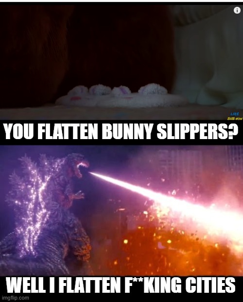 It's called a ratio, b*tch | YOU FLATTEN BUNNY SLIPPERS? WELL I FLATTEN F**KING CITIES | image tagged in atomic breath godzilla,turning red | made w/ Imgflip meme maker