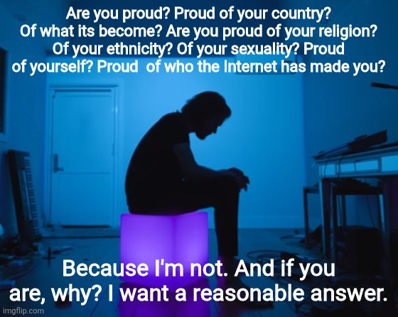 I couldn't think of a title | Are you proud? Proud of your country? Of what its become? Are you proud of your religion? Of your ethnicity? Of your sexuality? Proud of yourself? Proud  of who the Internet has made you? Because I'm not. And if you are, why? I want a reasonable answer. | image tagged in politics | made w/ Imgflip meme maker