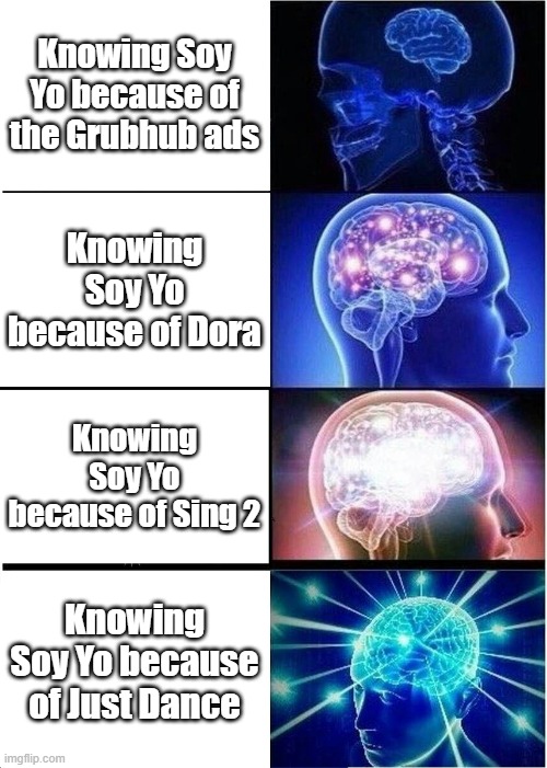 Give me your best roasts for each of these | Knowing Soy Yo because of the Grubhub ads; Knowing Soy Yo because of Dora; Knowing Soy Yo because of Sing 2; Knowing Soy Yo because of Just Dance | image tagged in memes,expanding brain,grubhub,dora,sing 2,just dance | made w/ Imgflip meme maker