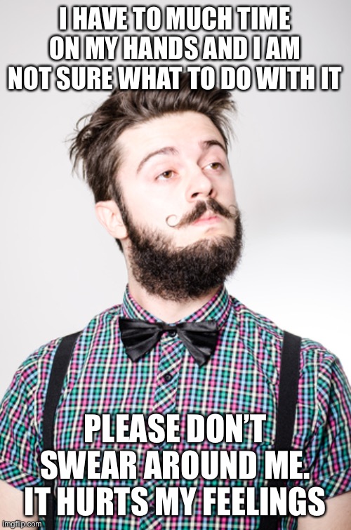 hipster 2 | I HAVE TO MUCH TIME ON MY HANDS AND I AM NOT SURE WHAT TO DO WITH IT; PLEASE DON’T SWEAR AROUND ME. IT HURTS MY FEELINGS | image tagged in hipster 2 | made w/ Imgflip meme maker