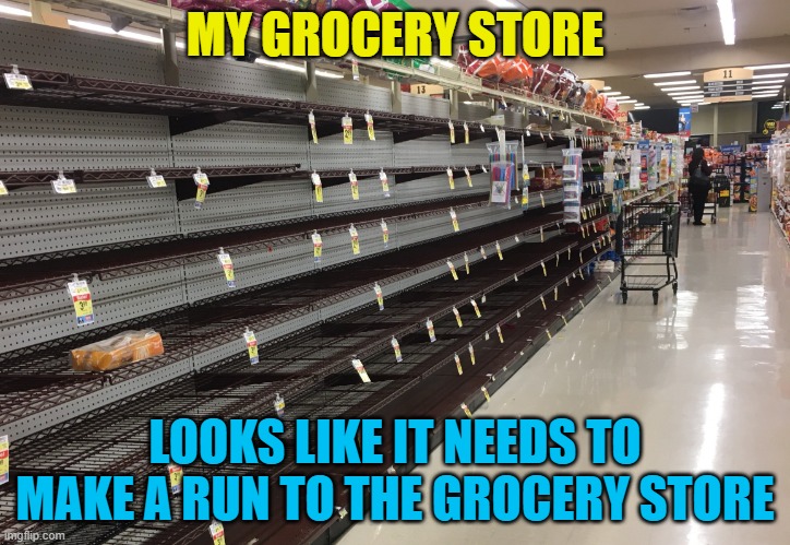 Running on Empty | MY GROCERY STORE; LOOKS LIKE IT NEEDS TO MAKE A RUN TO THE GROCERY STORE | image tagged in grocery store,empty,shortage,food,memes | made w/ Imgflip meme maker