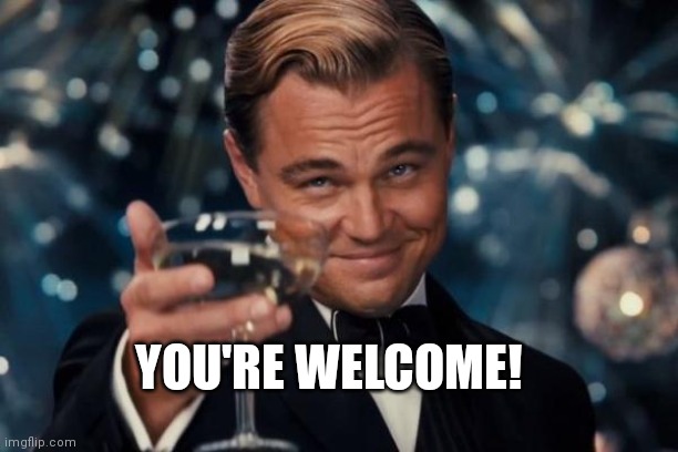 Leonardo Dicaprio Cheers Meme | YOU'RE WELCOME! | image tagged in memes,leonardo dicaprio cheers | made w/ Imgflip meme maker