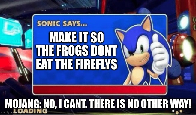 I mean, come on! | MAKE IT SO THE FROGS DONT EAT THE FIREFLYS; MOJANG: NO, I CANT. THERE IS NO OTHER WAY! | image tagged in sonic says | made w/ Imgflip meme maker