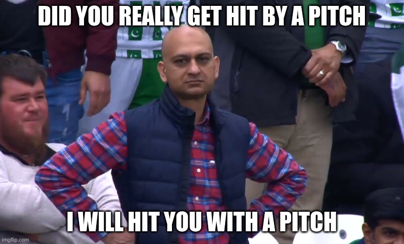 Disappointed Cricket Fan | DID YOU REALLY GET HIT BY A PITCH; I WILL HIT YOU WITH A PITCH | image tagged in disappointed cricket fan | made w/ Imgflip meme maker