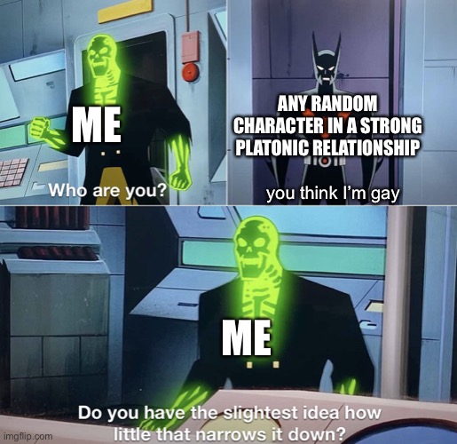 this happens way too often to be normal | ANY RANDOM CHARACTER IN A STRONG PLATONIC RELATIONSHIP; ME; you think I’m gay; ME | image tagged in do you have the slightest idea how little that narrows it down | made w/ Imgflip meme maker