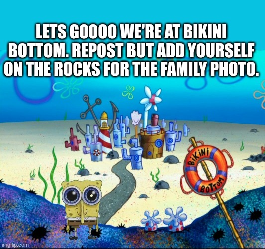LETS GOOOO WE'RE AT BIKINI BOTTOM. REPOST BUT ADD YOURSELF ON THE ROCKS FOR THE FAMILY PHOTO. | made w/ Imgflip meme maker
