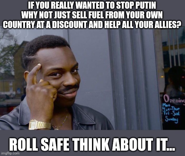 Roll Safe Think About It | IF YOU REALLY WANTED TO STOP PUTIN WHY NOT JUST SELL FUEL FROM YOUR OWN COUNTRY AT A DISCOUNT AND HELP ALL YOUR ALLIES? ROLL SAFE THINK ABOUT IT... | image tagged in memes,roll safe think about it | made w/ Imgflip meme maker