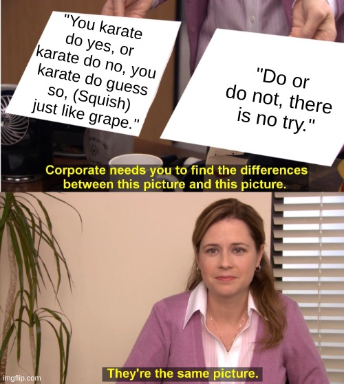 Karate Kid Memes | "You karate do yes, or karate do no, you karate do guess so, (Squish) just like grape."; "Do or do not, there is no try." | image tagged in memes,they're the same picture | made w/ Imgflip meme maker