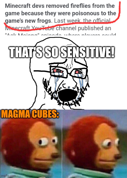 PRETTY SURE A MAGMA CUBE WOULD BE WORSE | THAT'S SO SENSITIVE! MAGMA CUBES: | image tagged in monkey looking away,minecraft,minecraft memes,frogs,minecraft frog | made w/ Imgflip meme maker