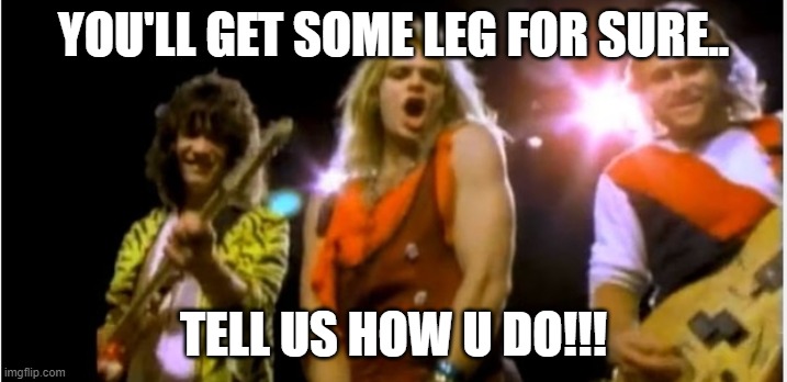 van halen give me a break | YOU'LL GET SOME LEG FOR SURE.. TELL US HOW U DO!!! | image tagged in van halen,david lee roth,get some | made w/ Imgflip meme maker